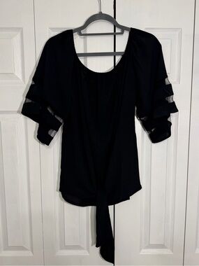 Off The Shoulder Top 3/4 Bell Sleeve Mesh Tie Knot Shirt Blouse - Black XL